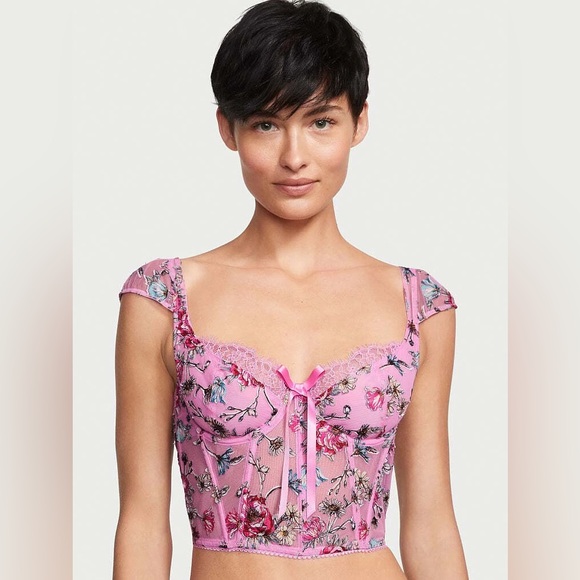 Victoria's Secret Pink Floral Embroidered Cap Sleeve Corset Top Women’s Medium - Picture 9 of 15